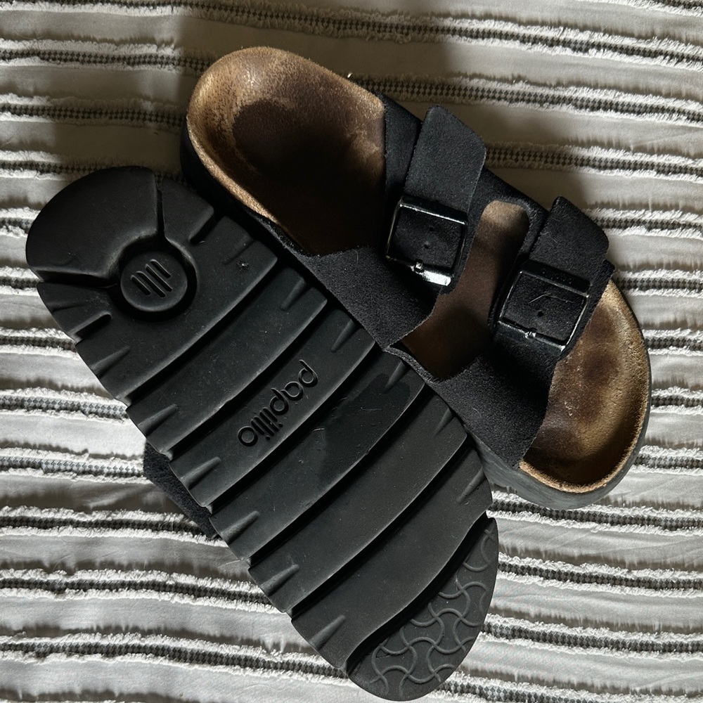 Papillon by Birkenstock Black Suede platform Double-Buckle Sandals